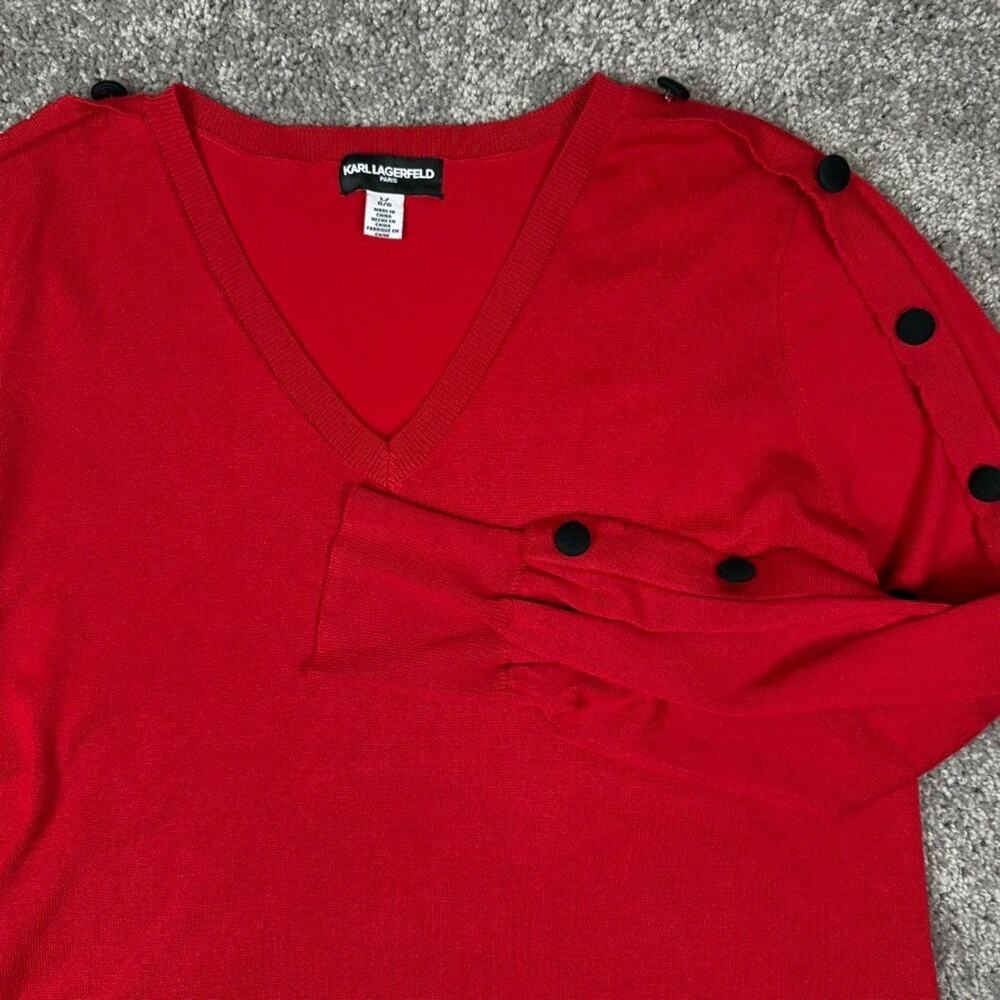 Karl Lagerfeld Sweater Womens Large Red V Neck Button Sleeve Accents Nylon Rayon